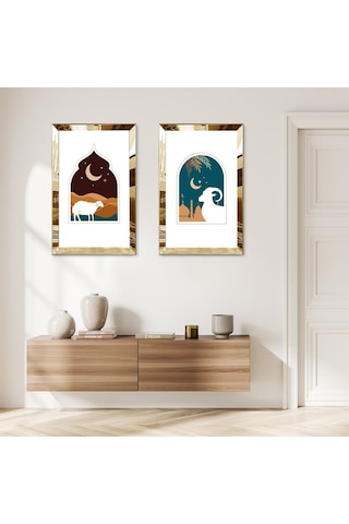 Gold Aynalı Pleksi Çerçeveli Gece Deve Dekoratif İkili Mdf Tablo Seti