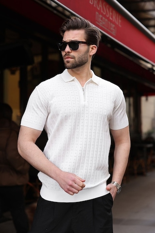 Beyaz Polo Yaka Slim Fit Triko Erkek Tişört E7465 Beyaz