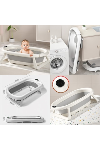 Katlanır Bebek Yıkama Banyo Küveti Seti 7 Parça Termometreli Yastıklı Katlanabilir Banyo Seti