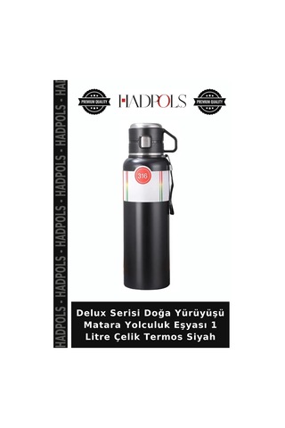 Delux Serisi Doğa Yürüyüşü Matara Yolculuk Eşyası 1 Litre Çelik Termos Siyah