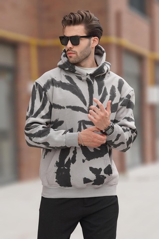 Madmext Boyalı Gri Kapüşonlu Cep Detaylı Baskılı Erkek Sweatshirt 7087 Gri