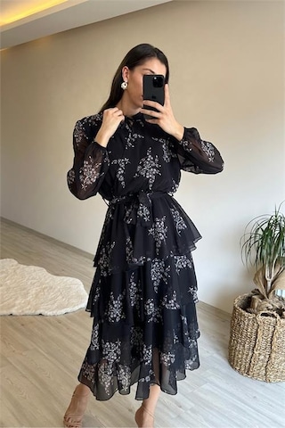 Neşeli Butik Kadın Çiçek Desenli Kat Kat Volanlı Şifon Elbise Nm014 Siyah