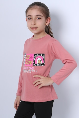 Hçm Kız Çocuk Uzun Kollu Tshirt 4 Mevsim Bisiklet Yaka Cool Edition Baskılı D45 Pudra
