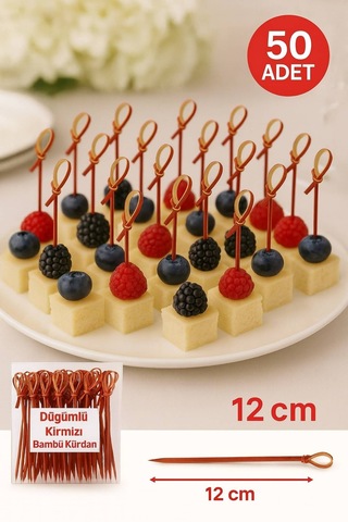 Düğümlü Kırmızı Bambu Kürdan 12 Cm, Şık Davet Ve Kokteyl Sunum Çubuğu 50 Li Paket