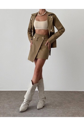 Kadın Düğme Detaylı Hardal Ceket Ve Etek Alt Üst Takım Hardal