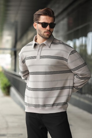 Madmext Boyalı Gri Çizgili Polo Yaka Erkek Sweatshirt E7172 Gri