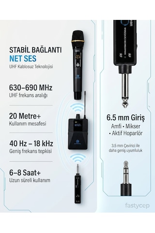 Buradabulabilirsin Uhf Kablosuz Mikrofon Seti El Yaka Ve Boyun Mikrofonlu 6.5mm Alıcılı 3.5mm Çeviricili Profesyonel Bbz
