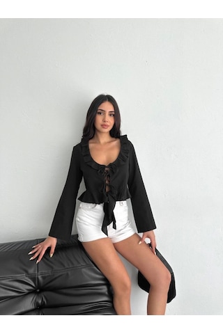 Meleners Keten Uzun Kol Bağacık Detaylı Bluz - Siyah Siyah