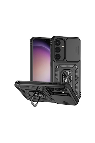 Samsung Galaxy S25 Plus Uyumlu Kamera Sürgülü Tank Kılıf Ve Temperli Cam Ekran Koruyucu Set Siyah