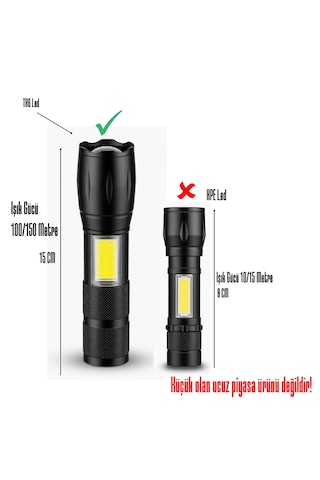 Şarjlı Zoomlu Güçlü Led Çift Aydınlatmalı Usb Portlu Güçlü El Feneri Deprem,araç,yürüyüş,doğa,kamp Aydınlatması Siyah
