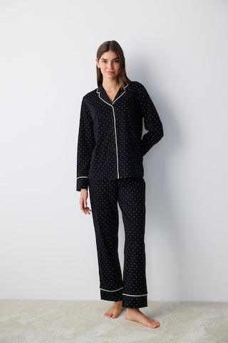 Penti Pamuklu White Dotted Gömlek Pantolon Pijama Takımı Siyah Siyah