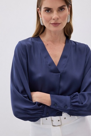 Sateen V Yaka Saten Bluz - Lacivert-136503 Lacivert