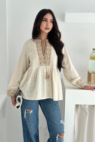 Asprin Fashion Etnik Desenli Bağlamalı Bluz Krem