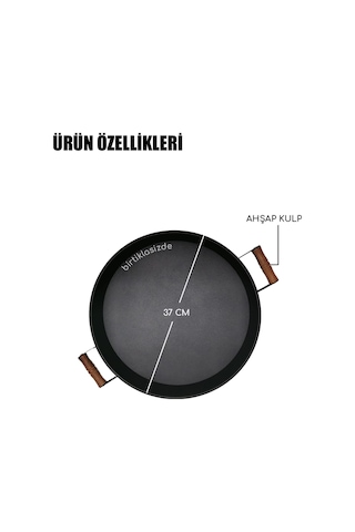 Kitchen Trend Yuvarlak 37 Cm Ahşap Kulplu Metal Siyah Tepsi