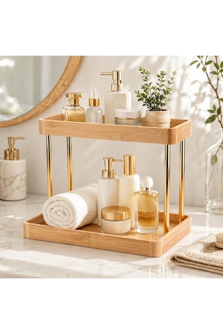 Poomy 2 Katlı Bambu Organizer Standı, Altın Renk Tezgâh Üstü Düzenleyici Raf