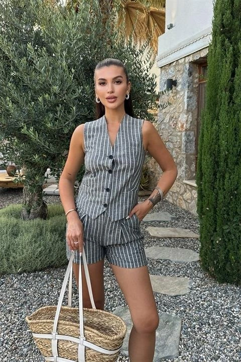 Dogutrend Carla Işıltılı Yelek Şort Takım 9821 Siyah
