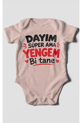 Morivokids Dayım Süper Ama Yengem Bi Tane Kısa Kollu Bebek Body %100 Pamuk Pastel Pembe