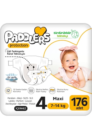 Protection Bebek Bezi 4 Numara Maxi (7-14 Kg) 176 Adet – Ekstra Jumbo Set, Maksimum Koruma