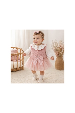 Ministok Lily Pink Yakası Nakış Detaylı Gömlek Şort Yelekten Oluşan 3'lü K Pembe