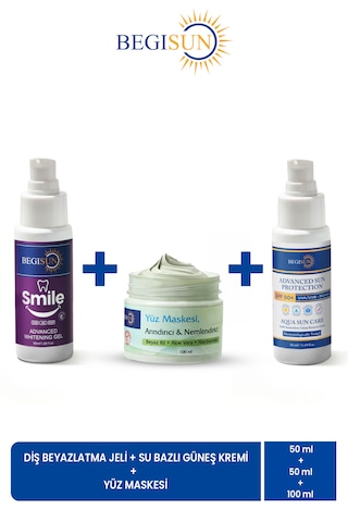 Begısun 3'lü Kişisel Bakım Seti - Diş Beyazlatma Jeli 50 Ml + Yüz Maskesi 100 Ml + Spf 50+ Güneş Kremi 50 Ml