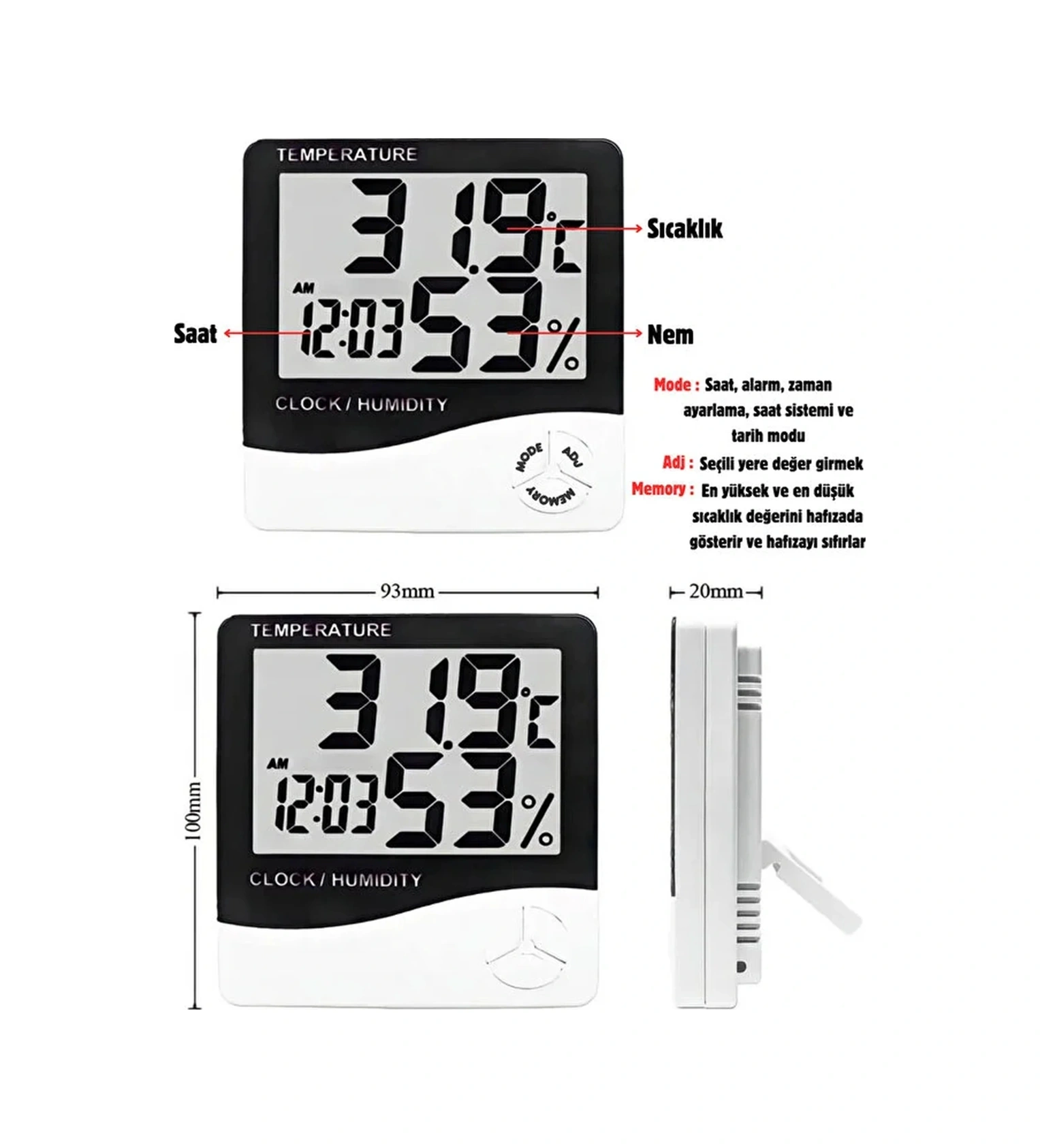 Dijital Oda Termometre Sıcaklık Ve Nem Ölçer Masa Saati Alarm Beyaz