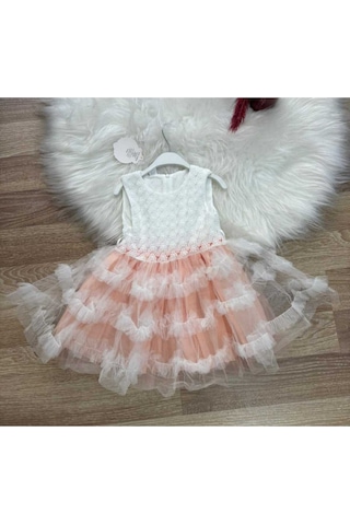 Kız Çocuk Güpür Tül Detaylı Pembe Mor Kat Kat Prenses Elbise Pembe