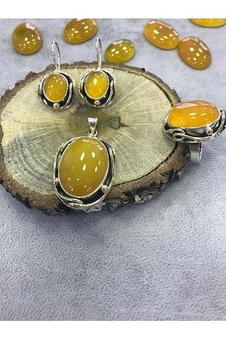 Sarı Akik Taşlı El Işi Gümüş Set 925 Ayar