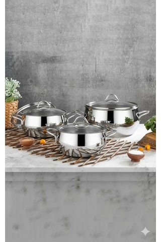 Polochef Pro Line 18/10 Paslanmaz Çelik Kulplu Derin Tencere Seti Çorba Tencere Seti 8 Parça 18-20-22-24cm Gümüş