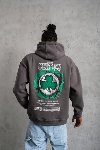Mbb E-ticaret Erkek 3 İplik Pamuklu Kapüşonlu Baskılı Cepli Oversize Sweatshirt Hoodie - Gri