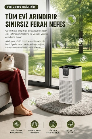 Ezere Pureair Akıllı Hava Temizleyici Hepa Filtreli Negatif İyon Hava Arıtıcı- 5775 Beyaz