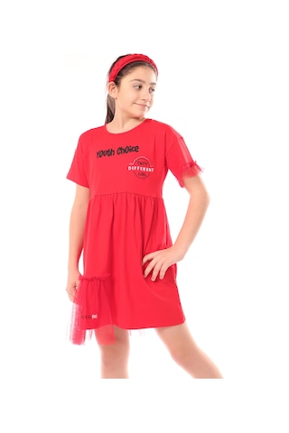 Toontoy Kız Çocuk Youth Choice Baskılı Tüllü Elbise Kırmızı