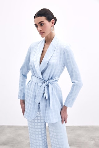 Sateen Kare Desenli Kuşaklı Ceket - Bebe Mavi-135792 Bebe Mavi