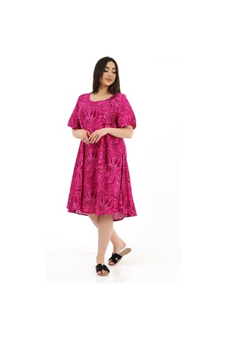 Schık Kadın Viskon Yarım Kol Kare Yaka Elbise Magenta Fuşya