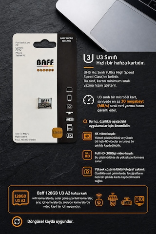 Baff 128 Gb Micro Sd Kart U3 A2 4k Ultra Hd Destekli Yüksek Hızlı Hafıza Kartı Güvenlik Kamerası & Araç Kamerası Uyumlu