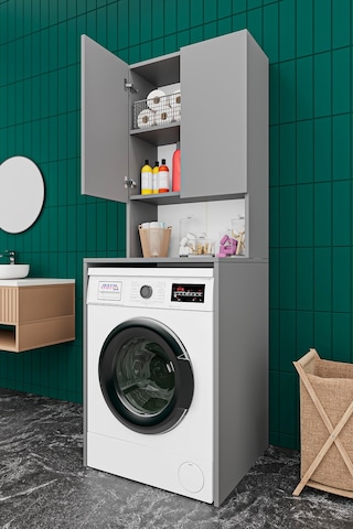 Asra Trend Çamaşır Makinesi Üstü Banyo Dolabı BD-01 %100 MDF İki Kapaklı Organizer Raf Kül Gri