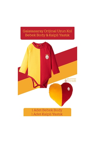 Galatasaray Lisanslı Uzun Kol Bebek Body Zıbın & Sarı Kırmızı Kalpli Yastık Set Kırmızı