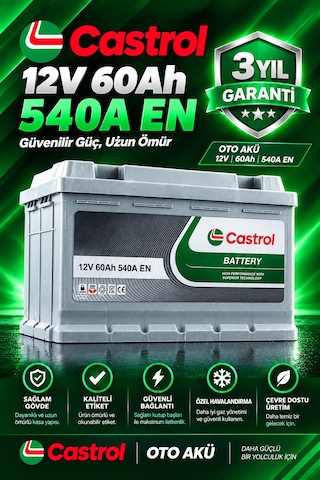 Castrol 12v 60 Ah Amper 540a En Akü L2 Kasa Bakım Gerektirmez Üretim Yılı: 2026