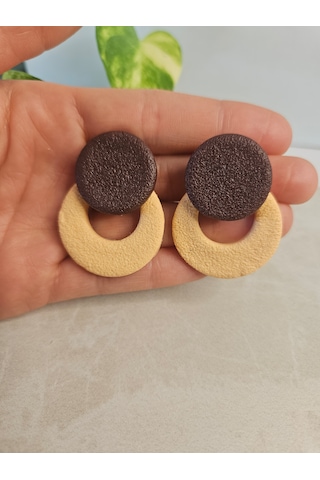 El Yapımı Polimer Kil Küpe - Paslanmaz Çelik Aparatlı Kum Dokulu Kahverengi Ve Bej Halka Sallantılı Küpe Sandy Loop Kahverengi - Sarı