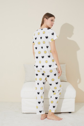 Siyah İnci Beyaz Gülen Yüz Desenli Örme Pijama Takımı