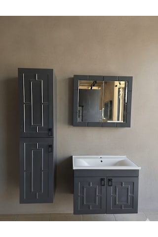 Mr Clk Antrasit Gri 80 Cm Banyo Alt Dolap + Üst Dolap + Yan Boy Dolap +lavabo Antrasit - Gri