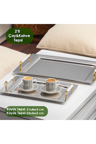 Porsima Saray 2'li Paslanmaz Çelik Kahve-sunum Tepsisi Beyaz Gold