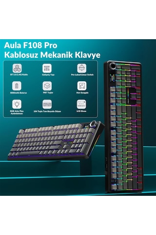 Aula F108 Pro Ekranlı Mekanik Klavye Zephyr Switch Rgb Hot Swap 8000mah Makrolu Oyuncu Klavyesi Gri