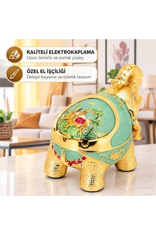 Tekno Hediye Sunup Fil Figürlü Sürgülü Dekoratif Küllük Su Yeşili Altın Detaylı Kapaklı Masa Sehpa Küllüğü Hediyelik