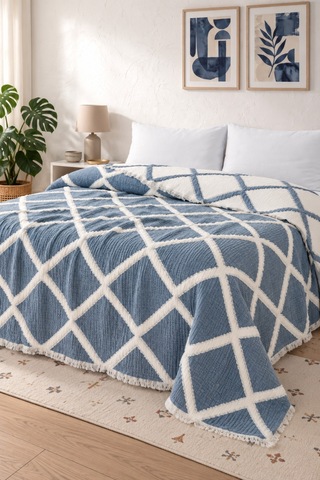 Varol Liora 7 Katlı Müslin Yatak Örtüsü Çift Kişilik Geometrik Desenli 230x250 Cm Mavi