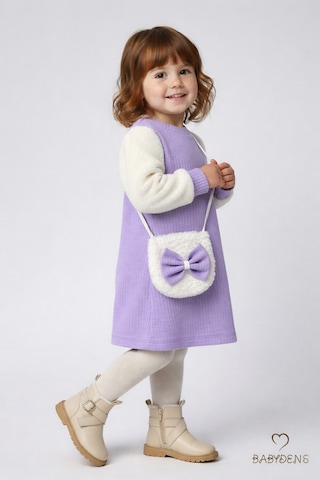 Babyden's Bayramlık Şık Ve Rahat Kız Bebek Elbise Çantalı Yumuşak Peluş Kollu Kışlık Çocuk Kombini Lila