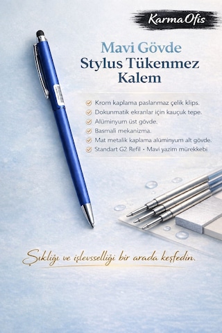 Stylus Tükenmez Kalem Mavi Gövde Dokunmatik Uyumlu Premium Metal Kalem Mavi