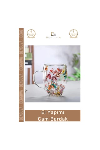 Cambardak Çift Camlı Kurutulmuş Çiçekli Borosilikat Şık Estetik Zarif Cam Handmade Bardak 250ml Çok Renkli