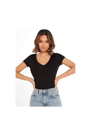 V Yaka Siyah Renk Fitilli Kısa Kollu Slim Fit Crop Top Bluz Siyah