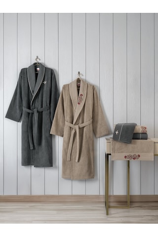 Cotton Box Folk Art Aile Bornoz Seti Yamka Bej-antrasit Antrasit Bej