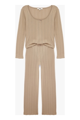 Koton Pamuklu U Yaka Fiyonk Detaylı Uzun Kollu Pijama Takımı Kahverengi 7wlk40212mk Kahve